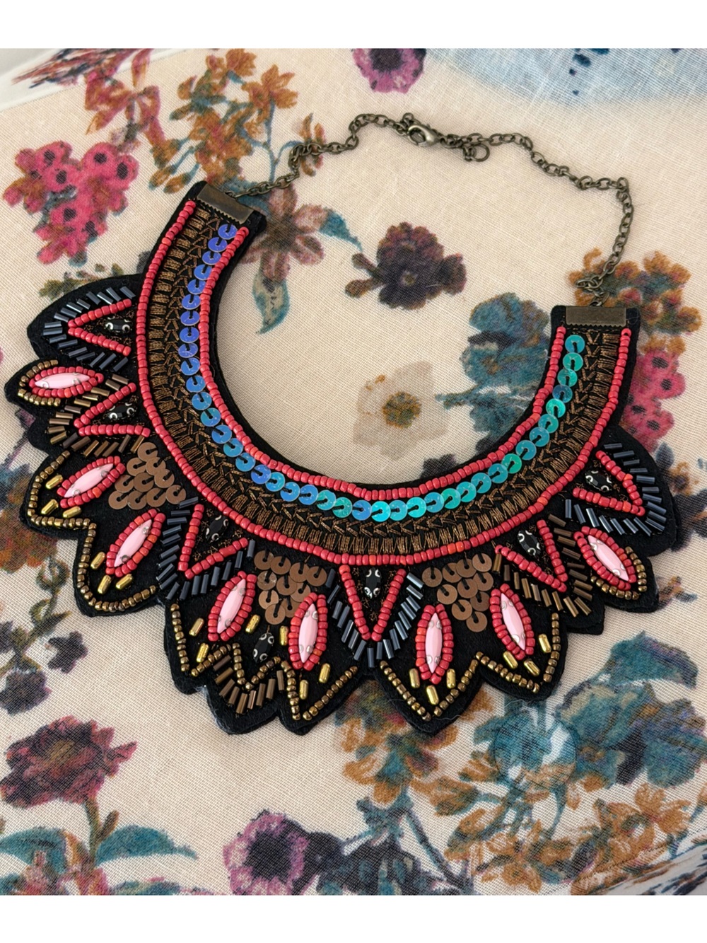 Statement Bib Necklace Beaded Coral Turquoise Black Collar